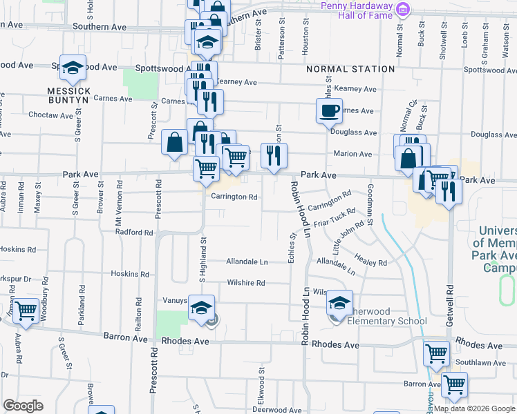 map of restaurants, bars, coffee shops, grocery stores, and more near 929 Parkhaven Lane in Memphis