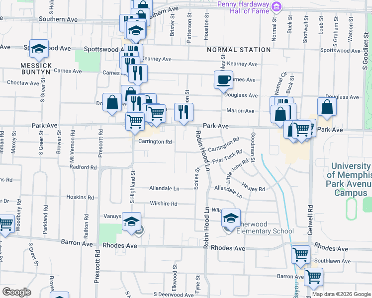 map of restaurants, bars, coffee shops, grocery stores, and more near 3628 Carrington Road in Memphis