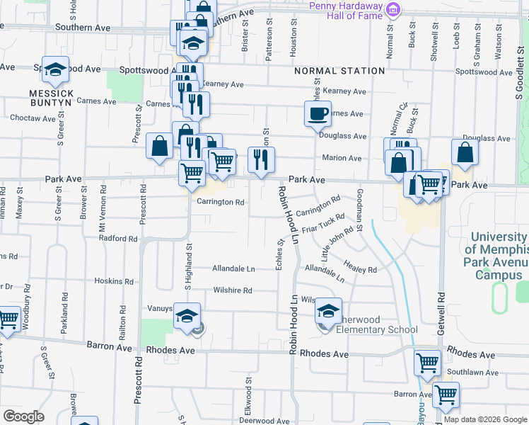 map of restaurants, bars, coffee shops, grocery stores, and more near 3628 Carrington Road in Memphis