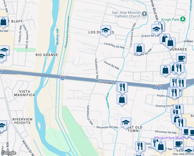 map of restaurants, bars, coffee shops, grocery stores, and more near 1136 Gabaldon Road Northwest in Albuquerque