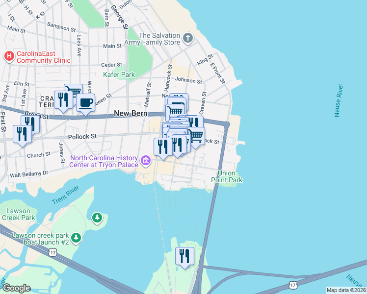 map of restaurants, bars, coffee shops, grocery stores, and more near 232 Middle Street in New Bern