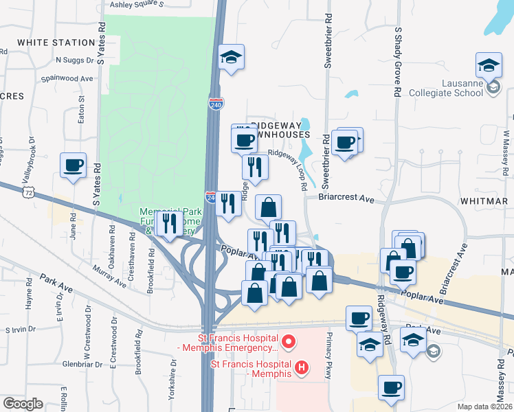 map of restaurants, bars, coffee shops, grocery stores, and more near 5858 Ridgeway Center Pkwy in Memphis
