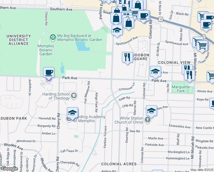 map of restaurants, bars, coffee shops, grocery stores, and more near 4604 Perkins Cove in Memphis