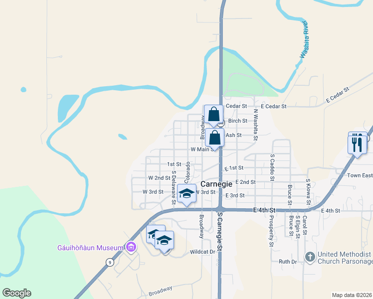 map of restaurants, bars, coffee shops, grocery stores, and more near 211 West Main Street in Carnegie