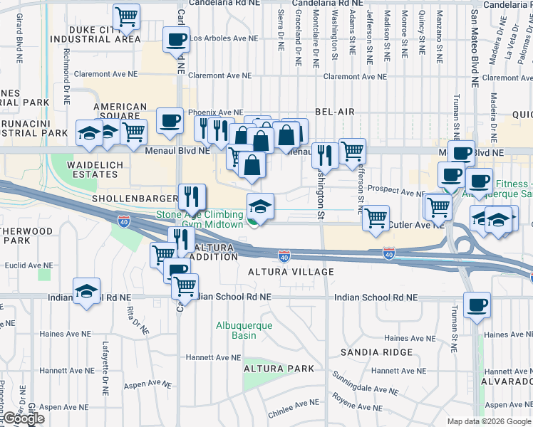 map of restaurants, bars, coffee shops, grocery stores, and more near 2408 Morningside Drive Northeast in Albuquerque