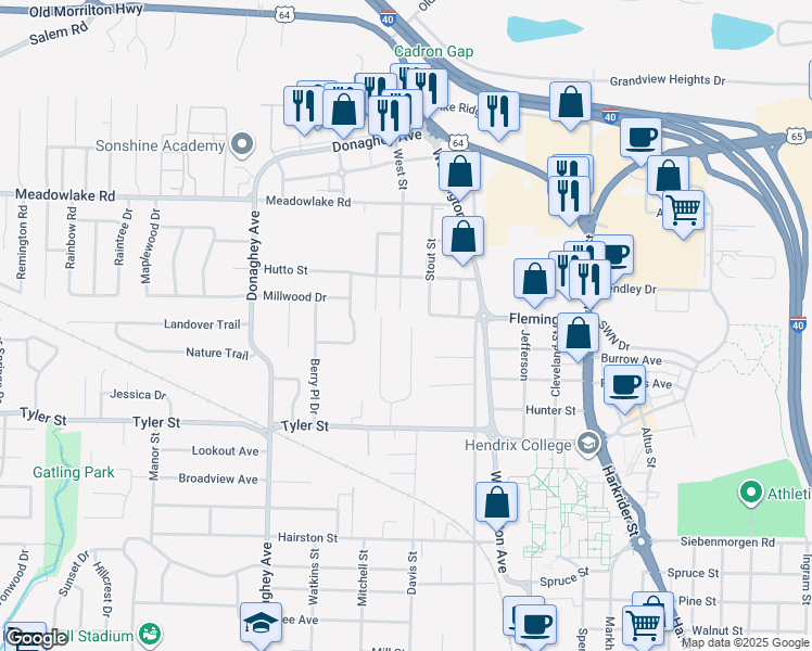 map of restaurants, bars, coffee shops, grocery stores, and more near 32 Meadowbrook Drive in Conway