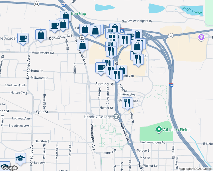 map of restaurants, bars, coffee shops, grocery stores, and more near 2015 Cleveland Street in Conway