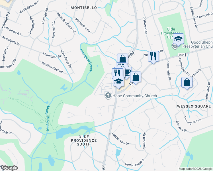 map of restaurants, bars, coffee shops, grocery stores, and more near 7423 Wisley Boulevard in Charlotte