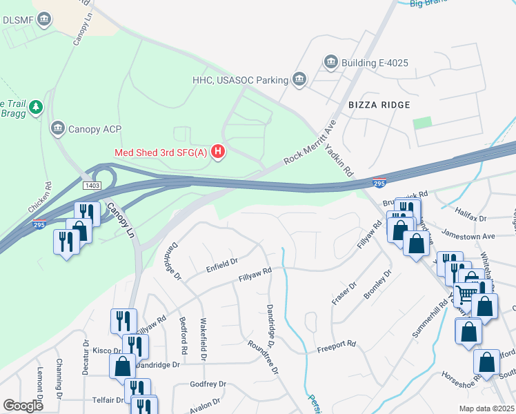 map of restaurants, bars, coffee shops, grocery stores, and more near 868 Danish Drive in Fayetteville