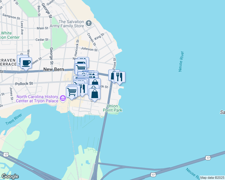 map of restaurants, bars, coffee shops, grocery stores, and more near 226 East Front Street in New Bern