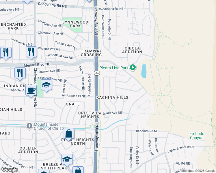 map of restaurants, bars, coffee shops, grocery stores, and more near 2101 White Cloud Street Northeast in Albuquerque