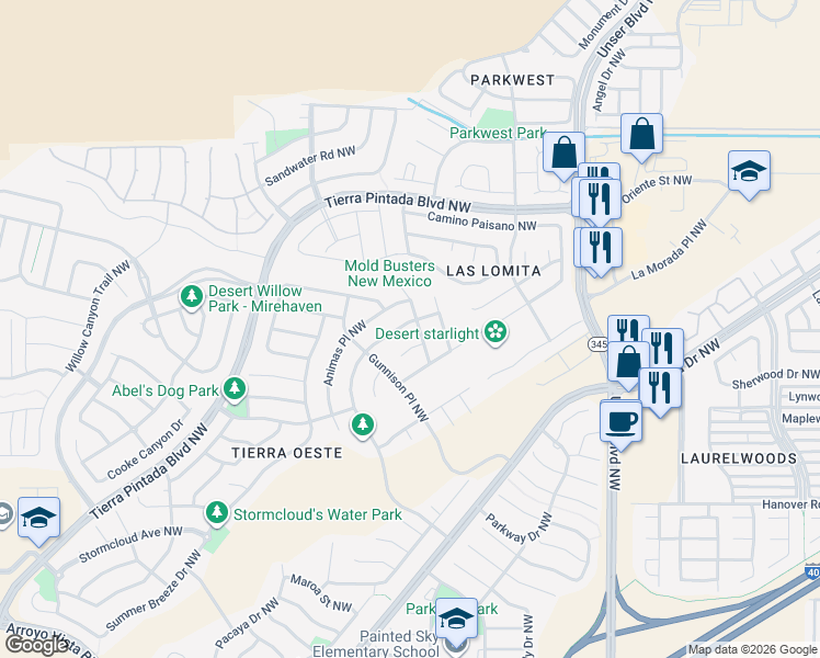 map of restaurants, bars, coffee shops, grocery stores, and more near 8515 Clarks Fork Road Northwest in Albuquerque