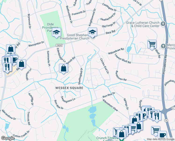 map of restaurants, bars, coffee shops, grocery stores, and more near 4420 Swan Meadow Lane in Charlotte