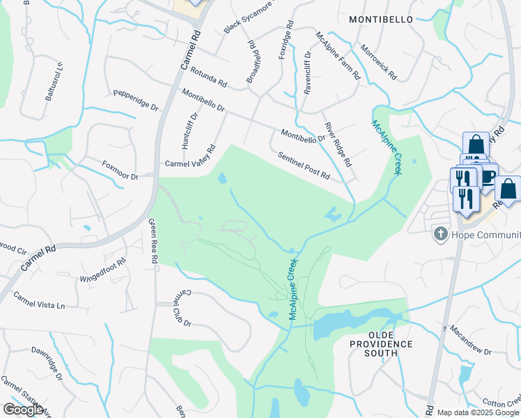 map of restaurants, bars, coffee shops, grocery stores, and more near 4810 Sentinel Post Road in Charlotte