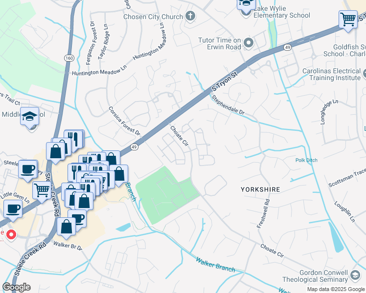 map of restaurants, bars, coffee shops, grocery stores, and more near 13733 Calloway Glen Drive in Charlotte
