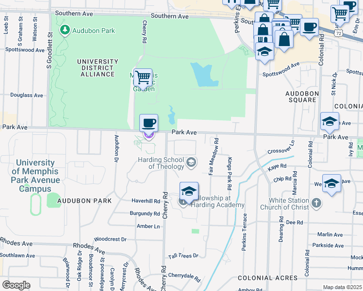 map of restaurants, bars, coffee shops, grocery stores, and more near 950 Cherry Road in Memphis