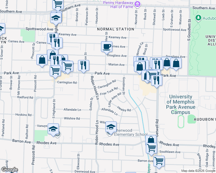 map of restaurants, bars, coffee shops, grocery stores, and more near 3713 Carrington Road in Memphis