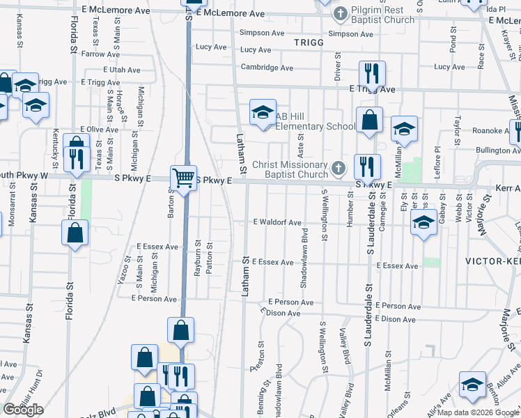 map of restaurants, bars, coffee shops, grocery stores, and more near 1509 Preston Street in Memphis