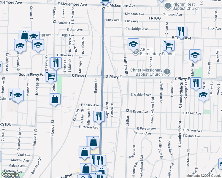 map of restaurants, bars, coffee shops, grocery stores, and more near 1517 Patton Street in Memphis