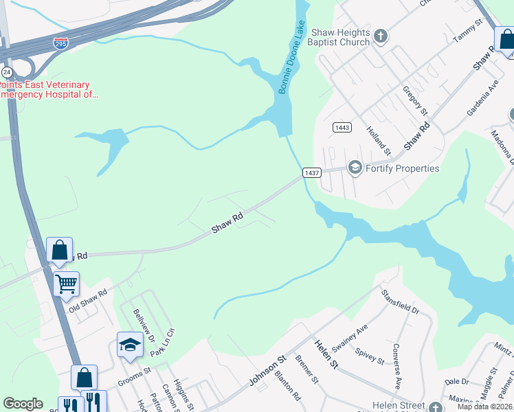 map of restaurants, bars, coffee shops, grocery stores, and more near 819 Shaw Road in Fayetteville