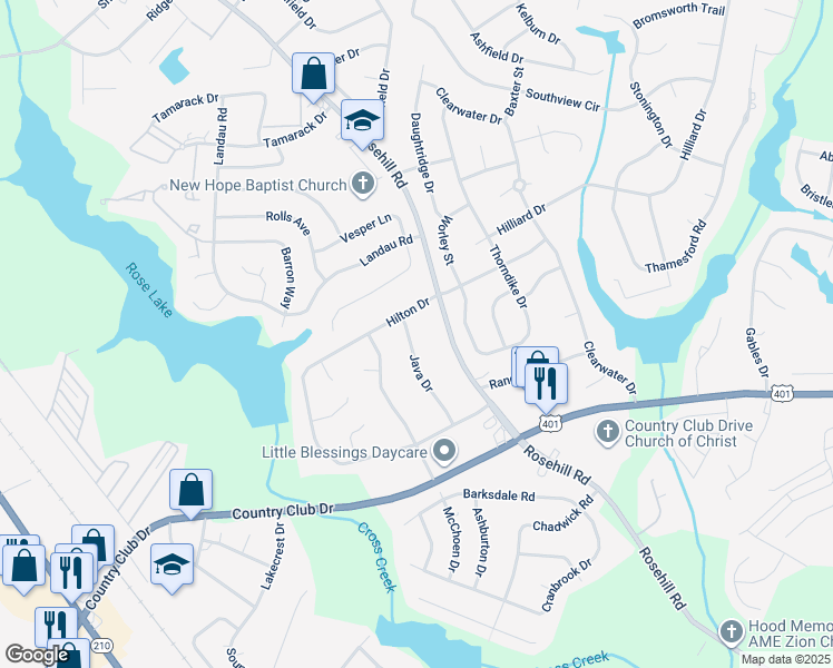 map of restaurants, bars, coffee shops, grocery stores, and more near 3520 Java Drive in Fayetteville
