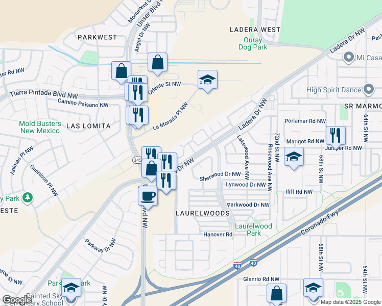 map of restaurants, bars, coffee shops, grocery stores, and more near 1919 Ladera Drive Northwest in Albuquerque