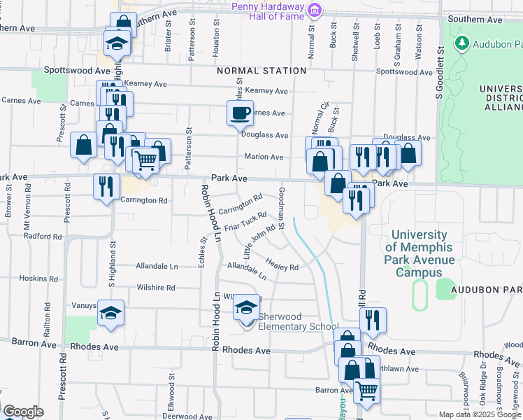 map of restaurants, bars, coffee shops, grocery stores, and more near 3766 Friar Tuck Road in Memphis
