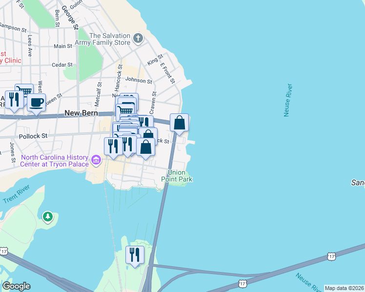 map of restaurants, bars, coffee shops, grocery stores, and more near 226 East Front Street in New Bern