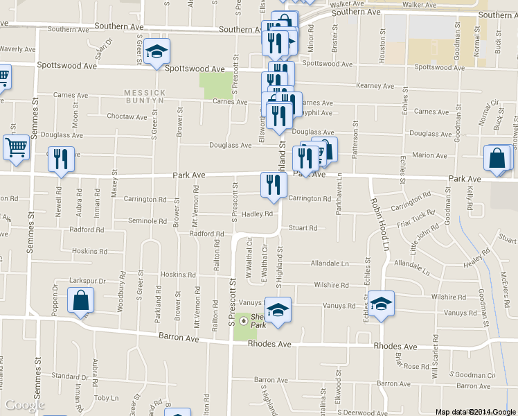 map of restaurants, bars, coffee shops, grocery stores, and more near 3462 Hadley Rd in Memphis