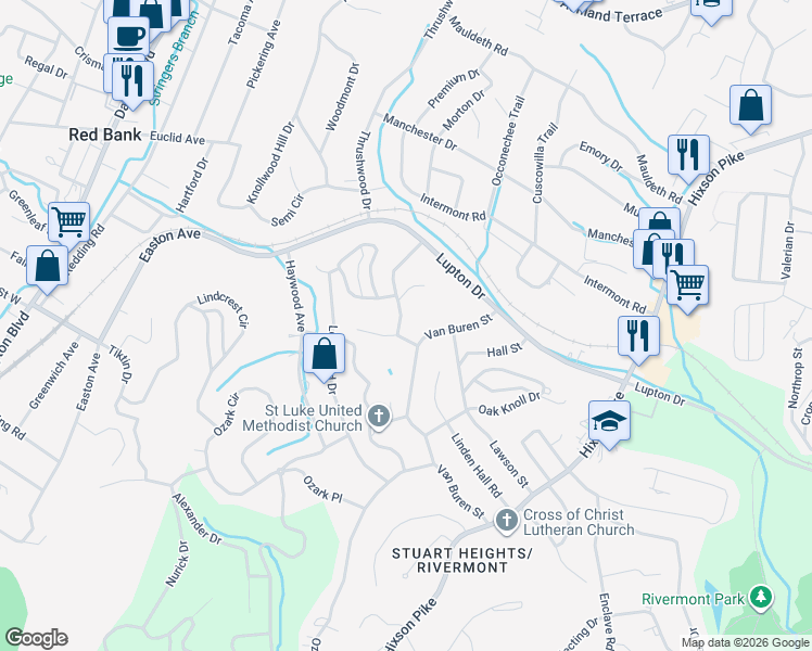 map of restaurants, bars, coffee shops, grocery stores, and more near 3410 Sleepy Hollow Road in Chattanooga