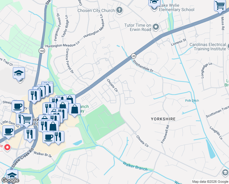map of restaurants, bars, coffee shops, grocery stores, and more near 13733 Calloway Glen Drive in Charlotte