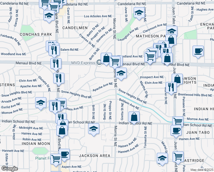 map of restaurants, bars, coffee shops, grocery stores, and more near 10616 Apache Avenue Northeast in Albuquerque