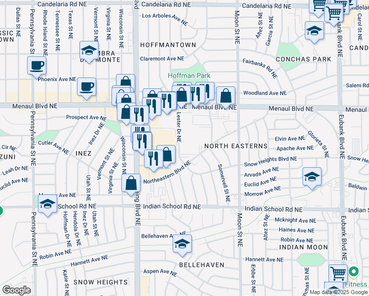 map of restaurants, bars, coffee shops, grocery stores, and more near 2200 Lester Drive Northeast in Albuquerque