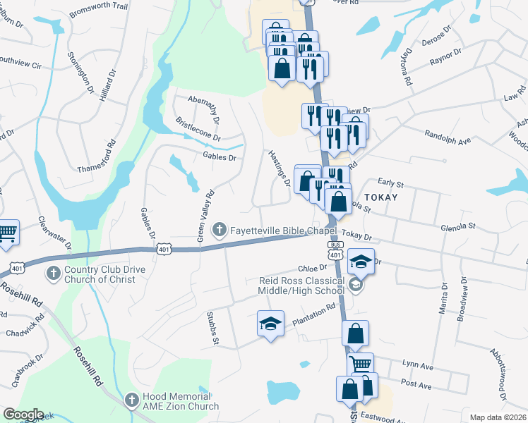map of restaurants, bars, coffee shops, grocery stores, and more near 3497 Hastings Drive in Fayetteville