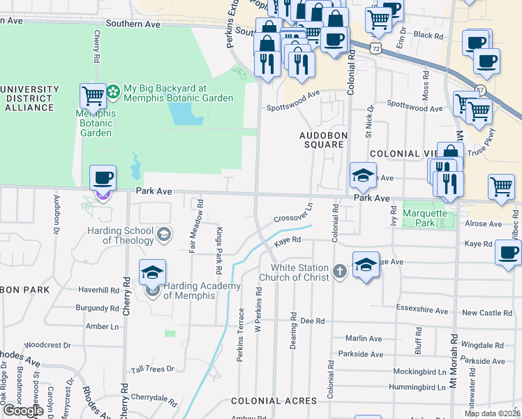 map of restaurants, bars, coffee shops, grocery stores, and more near 4662 Crossover Lane in Memphis