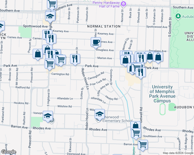 map of restaurants, bars, coffee shops, grocery stores, and more near 3713 Carrington Road in Memphis