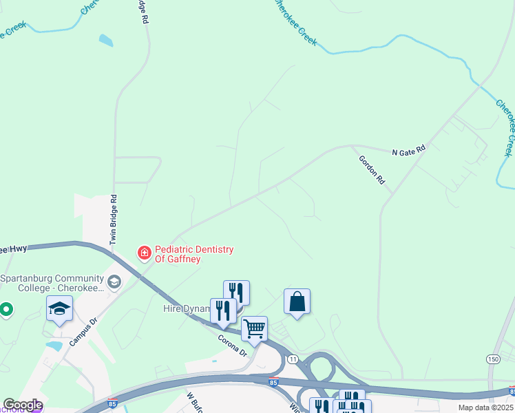 map of restaurants, bars, coffee shops, grocery stores, and more near 340 North Gate Road in Gaffney
