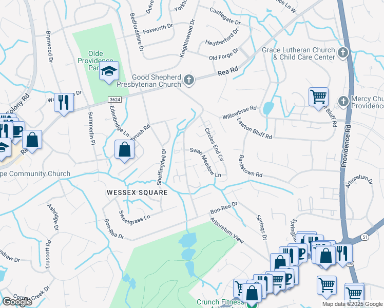 map of restaurants, bars, coffee shops, grocery stores, and more near 4516 Swan Meadow Lane in Charlotte