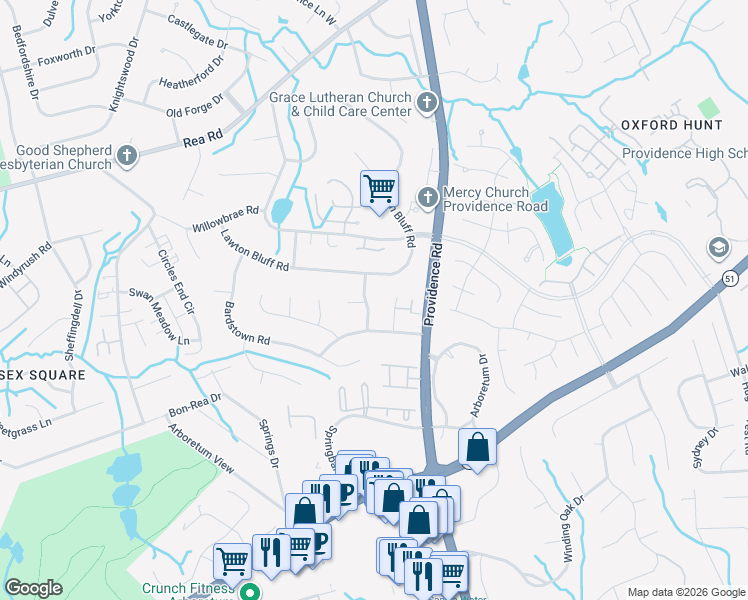 map of restaurants, bars, coffee shops, grocery stores, and more near 7515 Megington Drive in Charlotte