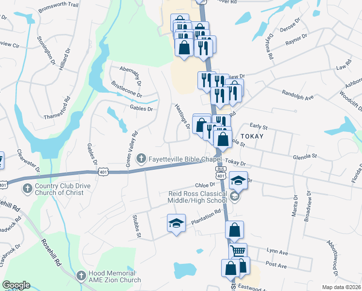 map of restaurants, bars, coffee shops, grocery stores, and more near 3497 Hastings Drive in Fayetteville