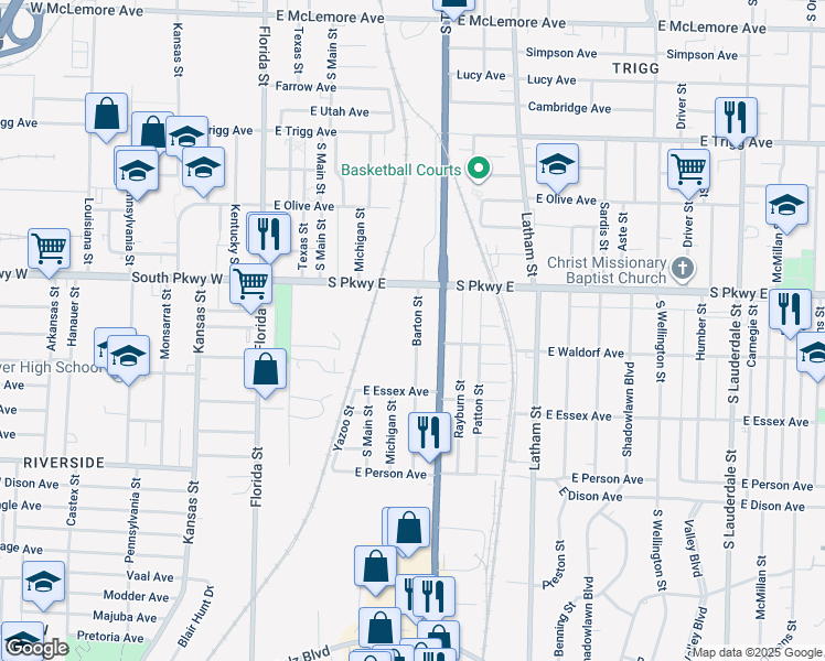 map of restaurants, bars, coffee shops, grocery stores, and more near 1509 Barton Street in Memphis