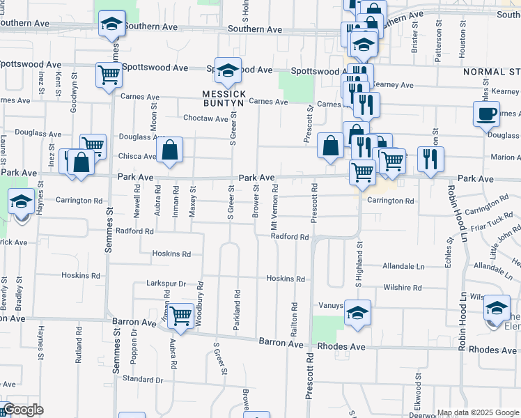 map of restaurants, bars, coffee shops, grocery stores, and more near 928 Brower Street in Memphis