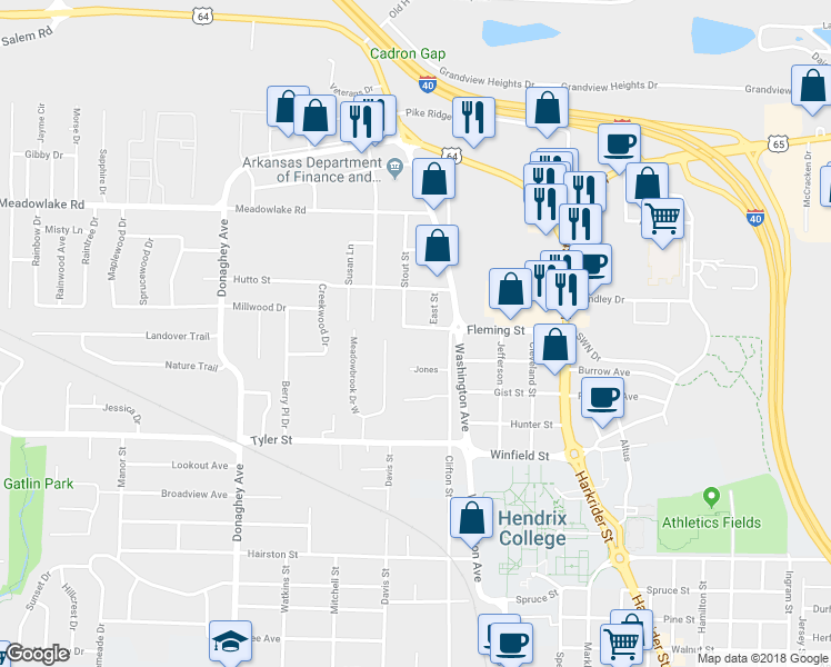 map of restaurants, bars, coffee shops, grocery stores, and more near 1619 Fleming Street in Conway