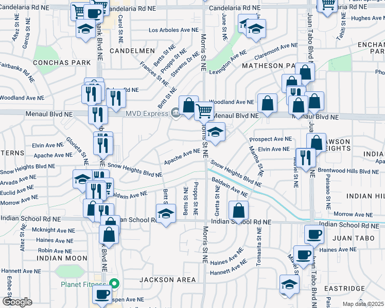 map of restaurants, bars, coffee shops, grocery stores, and more near 10616 Apache Avenue Northeast in Albuquerque
