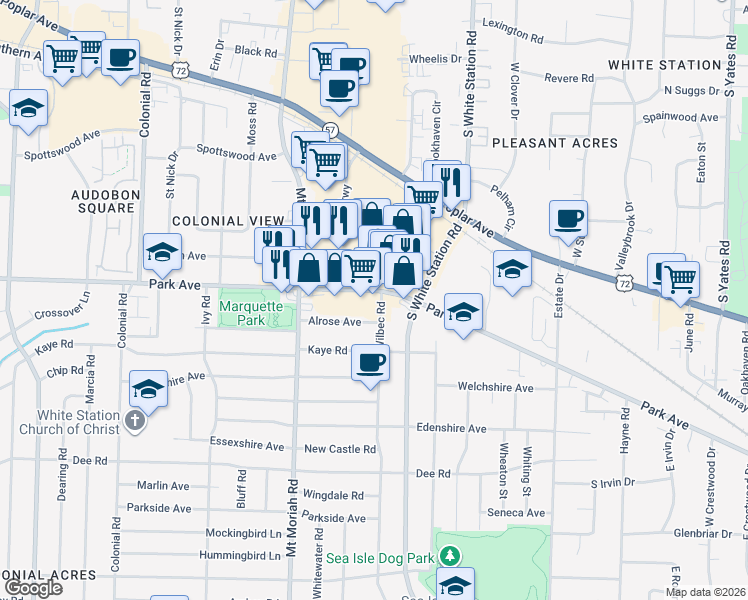 map of restaurants, bars, coffee shops, grocery stores, and more near 5091 Park Ave in Memphis