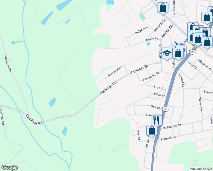 map of restaurants, bars, coffee shops, grocery stores, and more near 1152 Faulkner Road in Clover