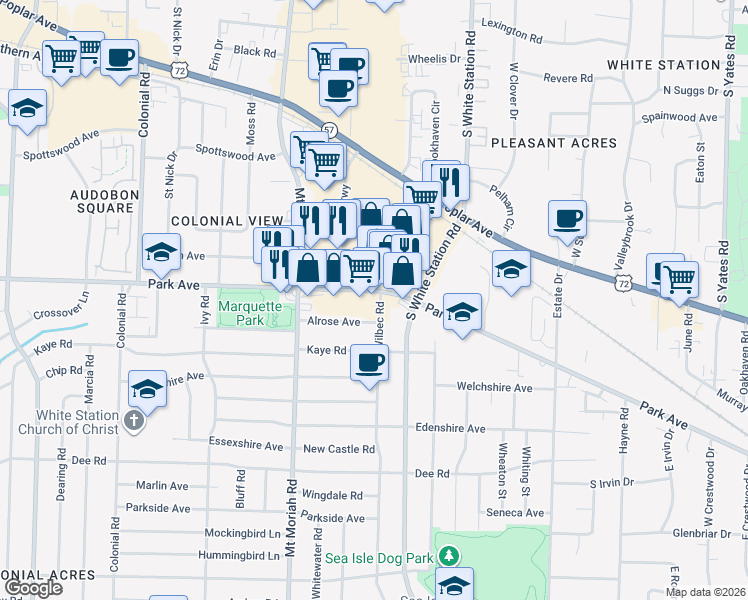 map of restaurants, bars, coffee shops, grocery stores, and more near 5091 Park Avenue in Memphis