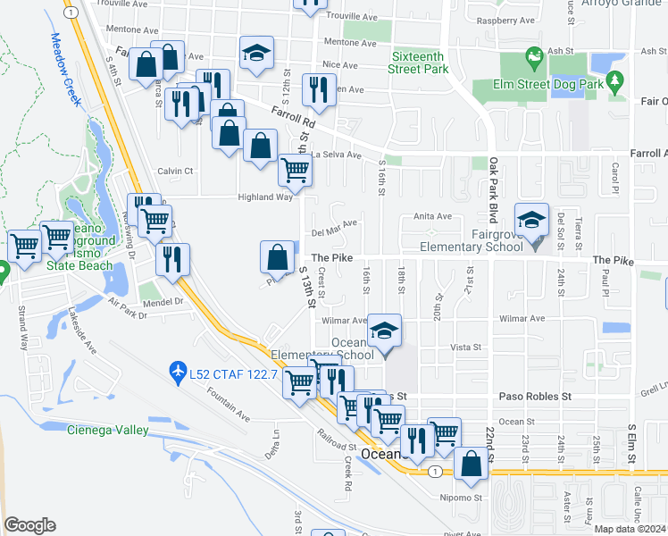 map of restaurants, bars, coffee shops, grocery stores, and more near 1306 Avenida Pelicanos in Oceano