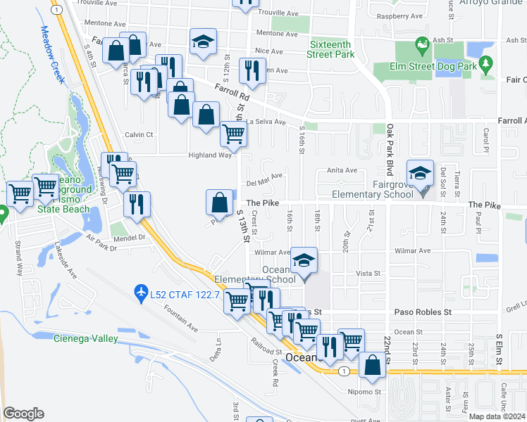 map of restaurants, bars, coffee shops, grocery stores, and more near 1306 Avenida Pelicanos in Oceano