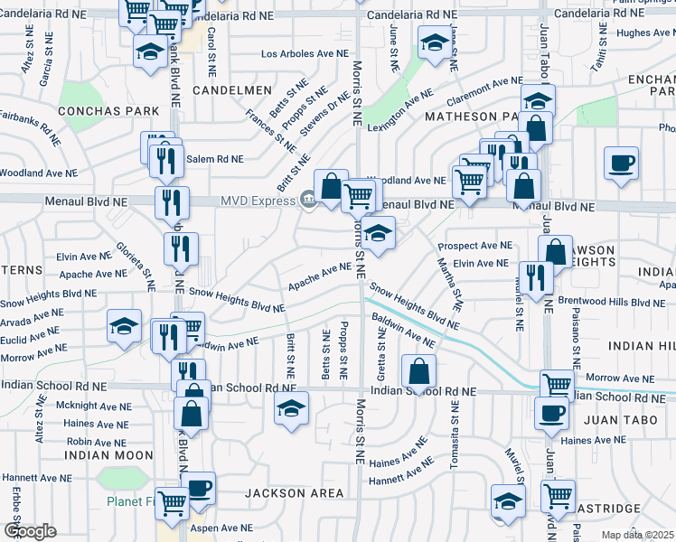 map of restaurants, bars, coffee shops, grocery stores, and more near 10616 Apache Avenue Northeast in Albuquerque